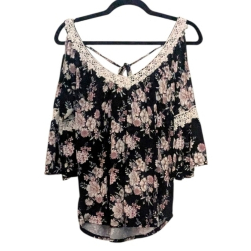 Always Indigo Floral Cold Shoulder Top, Medium